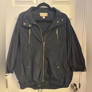 Michael Kors Nylon Drawstring Rain Jacket in New Navy with Gold Accents